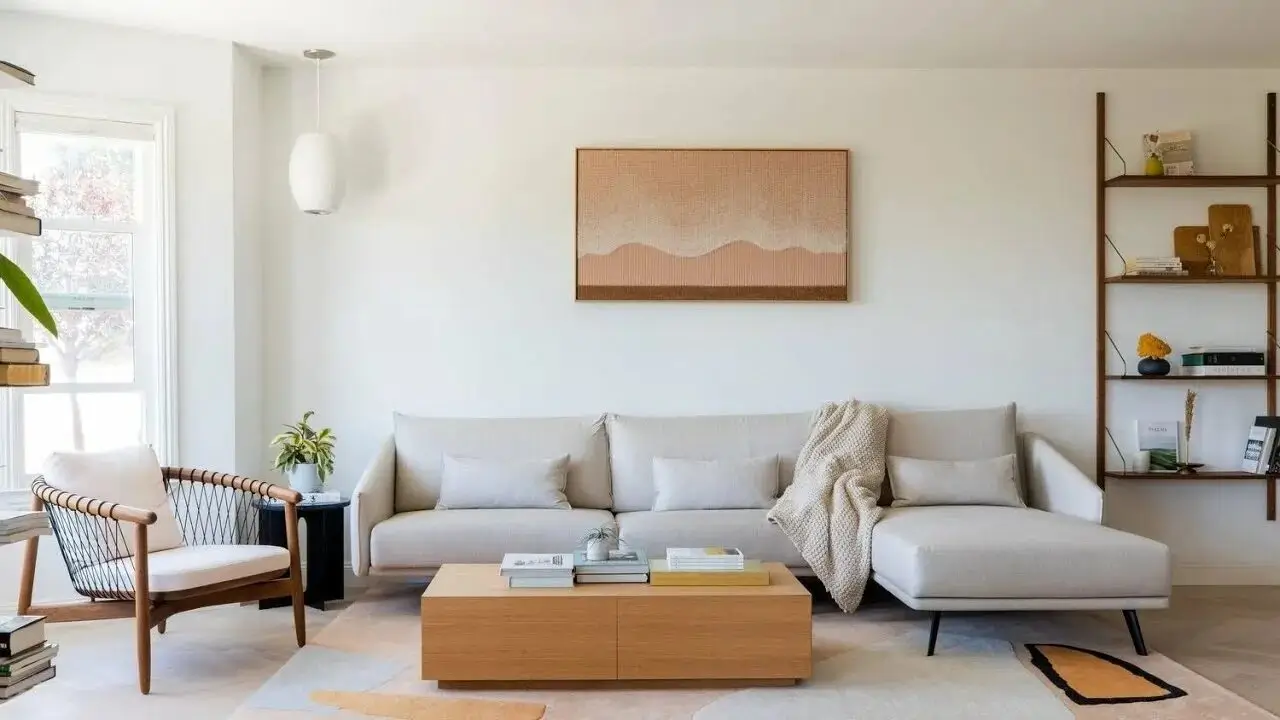 A serene and minimalist living room interior.