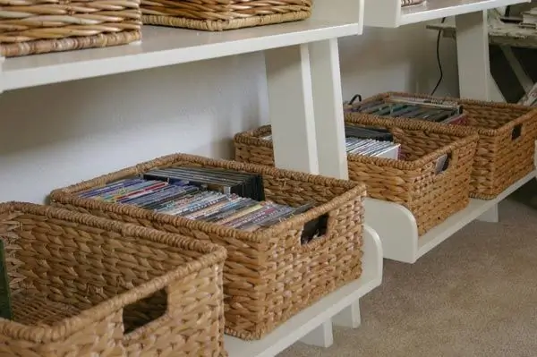 Woven baskets and wooden boxes for home organization.