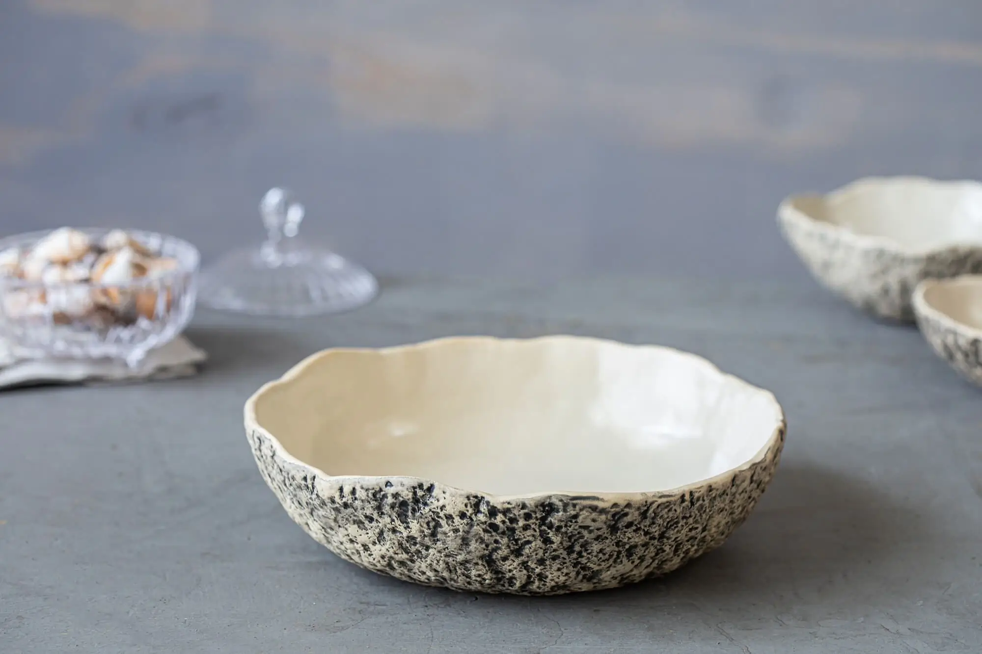 A collection of handmade ceramic bowls.