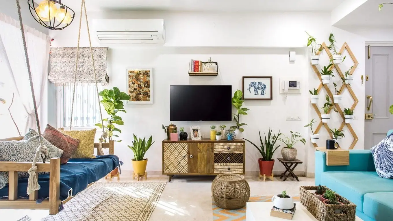 A styled living room with various decor items.