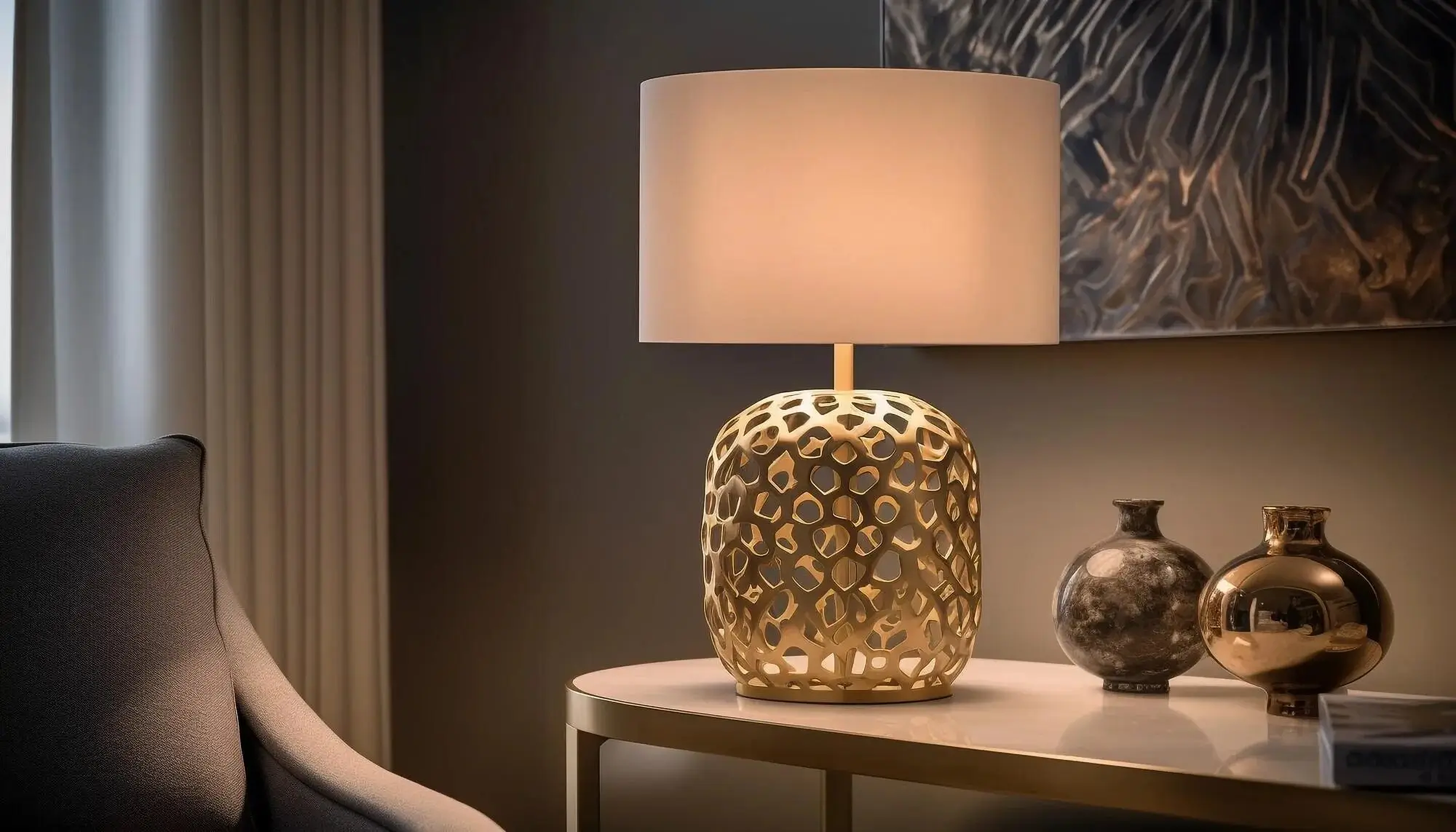 A stylish table lamp casting a warm, inviting glow.